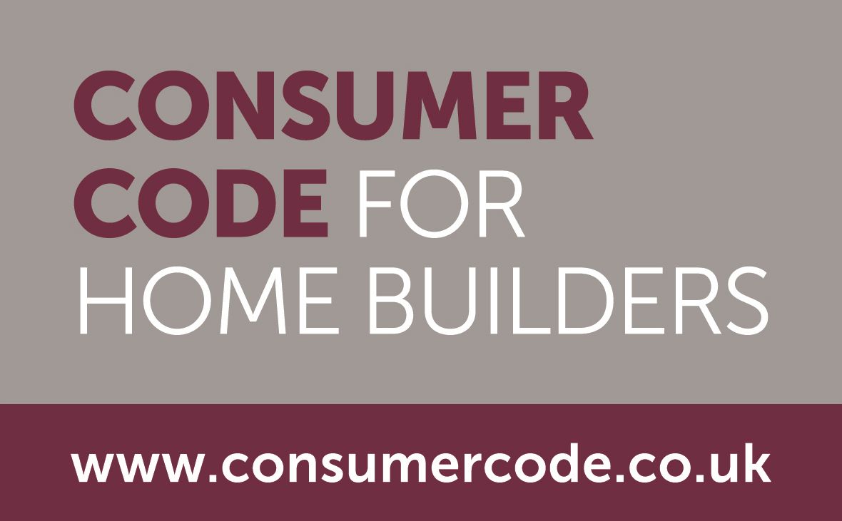 'Consumer Code For Home Builders' in red and white font and the corresponding website address